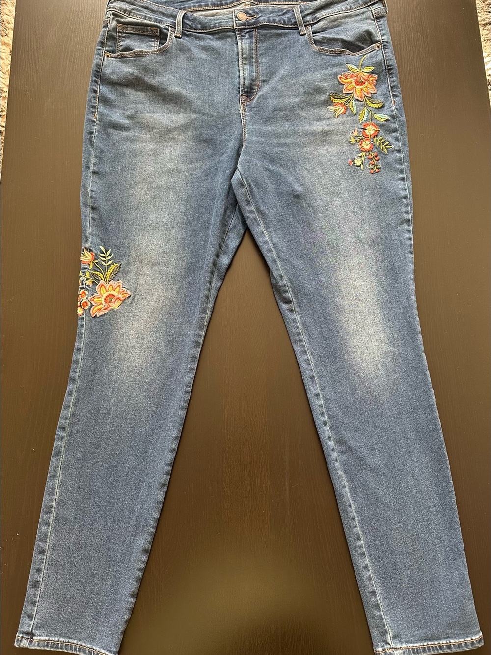 Old Navy Mid-Blue Skinny Jeans with Orange Floral Embroidery